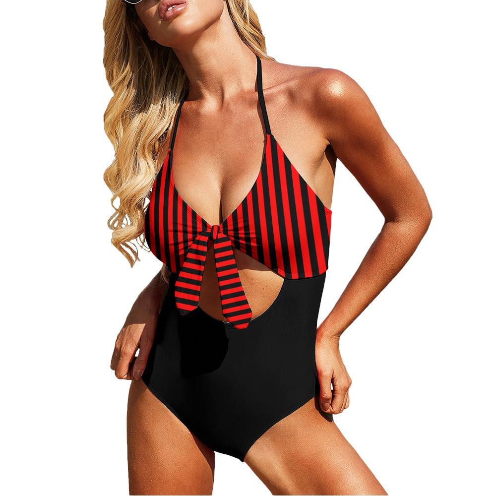 Vampire Art Retro Bow Tie One-Piece Swimsuit - Red and Black Stripy