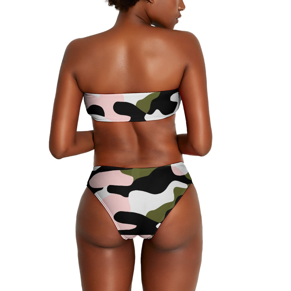 Vampire Art Two Piece Bandeau Strapless Retro Bikinis Swimsuit - Eighties Camo with Pale Pink