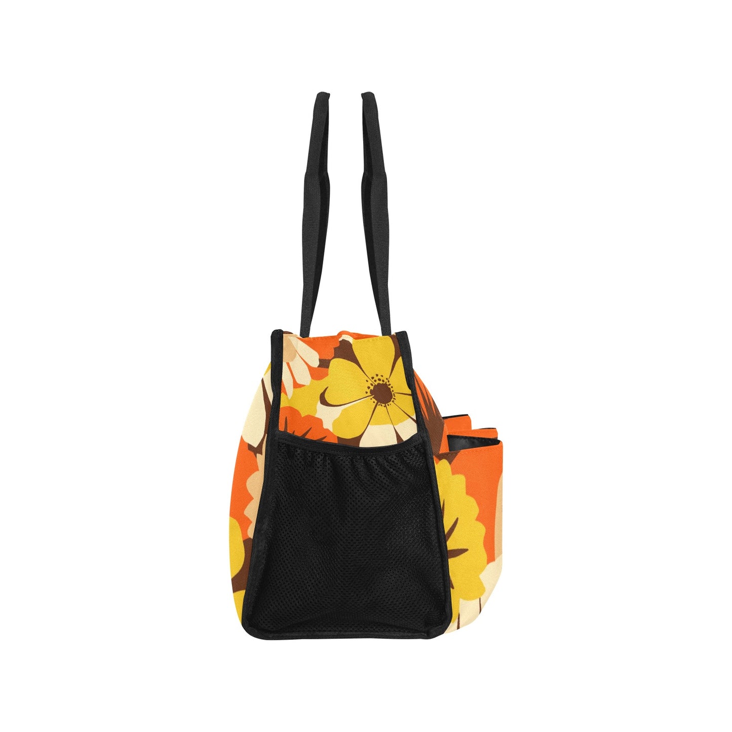 Vampire Art Retro Large Multi-pocket Beach Bag - Bold Sixties Floral in Yellow and Brown