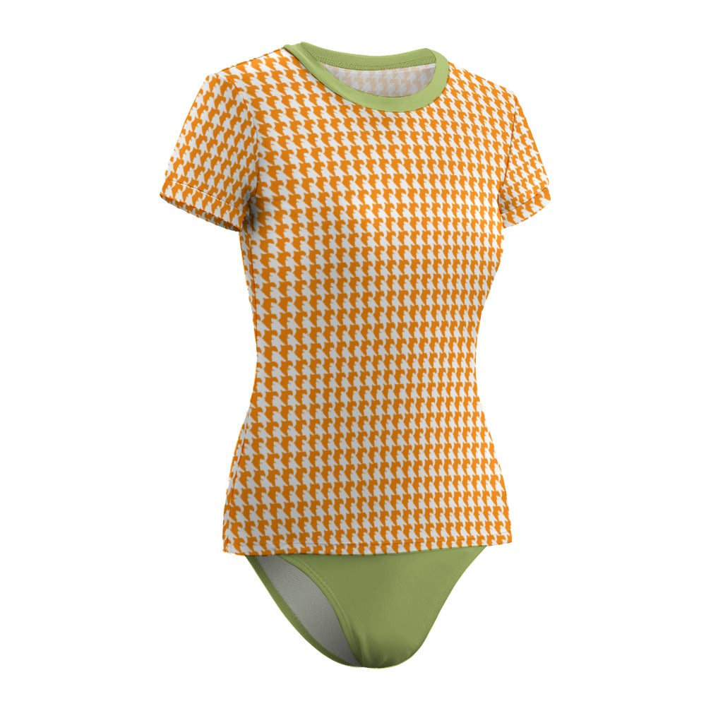 Vampire Art Retro Short Sleeve Two Piece Bikini Suit - Two-Tone Orange and Green Houndstooth