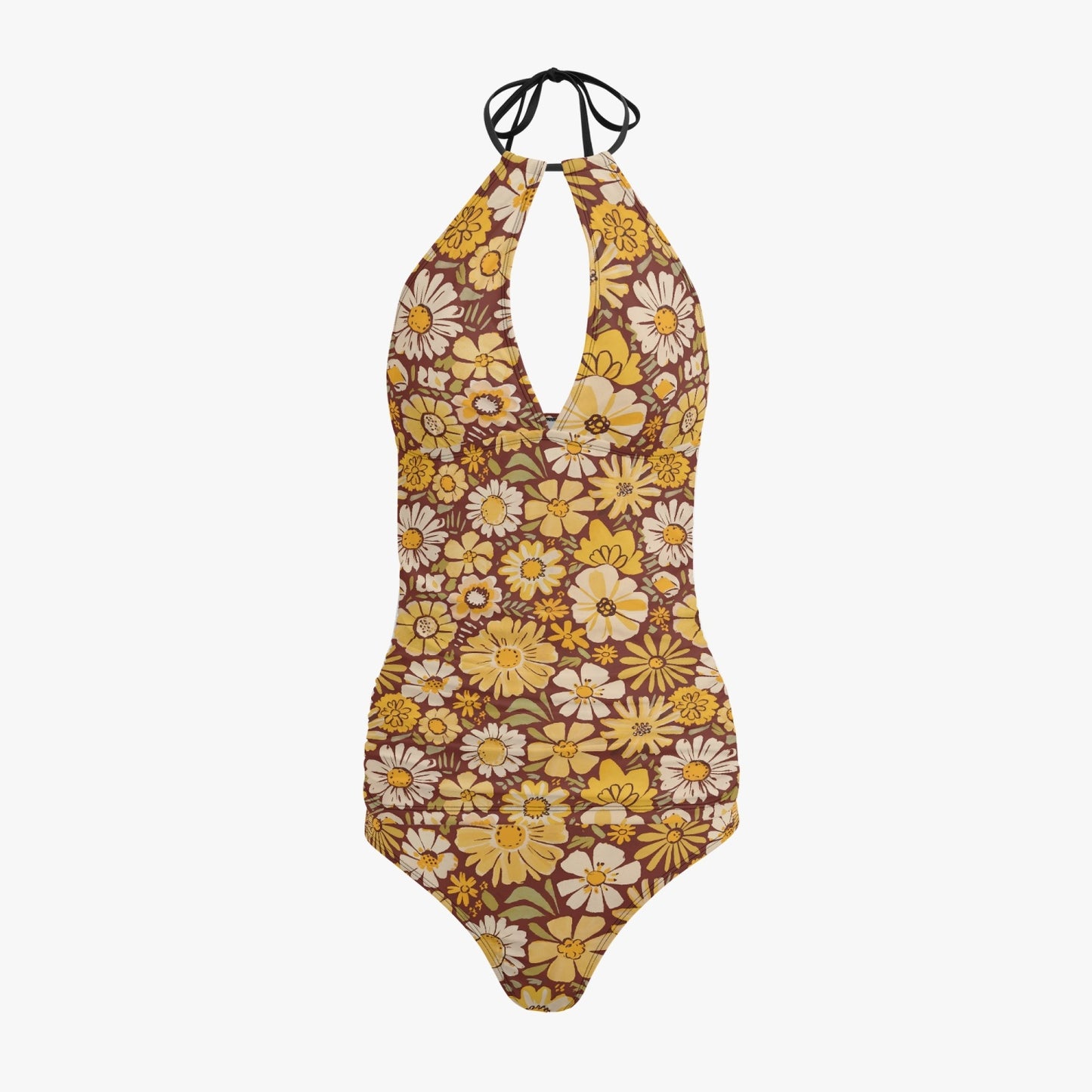 Vampire Art Retro Halter Two-Piece Tankini Swimsuit - Boho Florals in Brown and Yellow