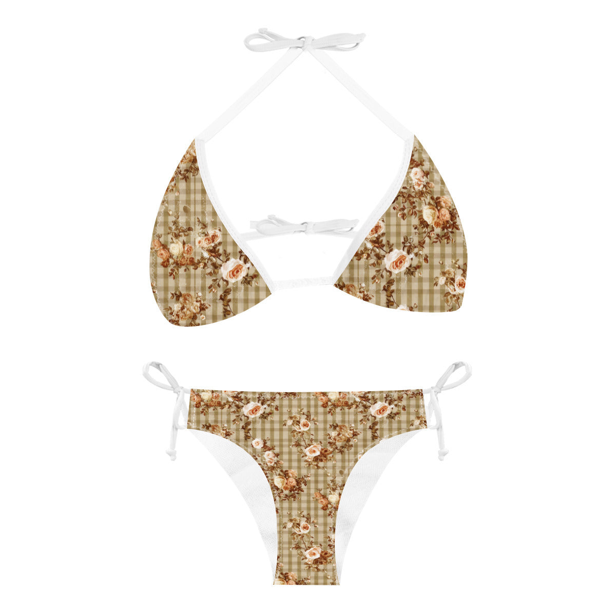 Vampire Art Gingham Blossom Cottagecore Bikini Set - Khaki Floral Gingham