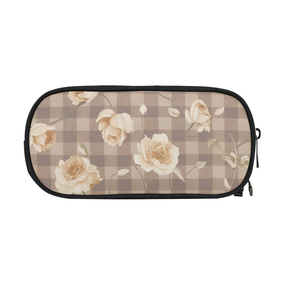 Vampire Art Studio Caddy: Deluxe Pencil Pouch - Brown Khaki Floral Cottagecore Gingham