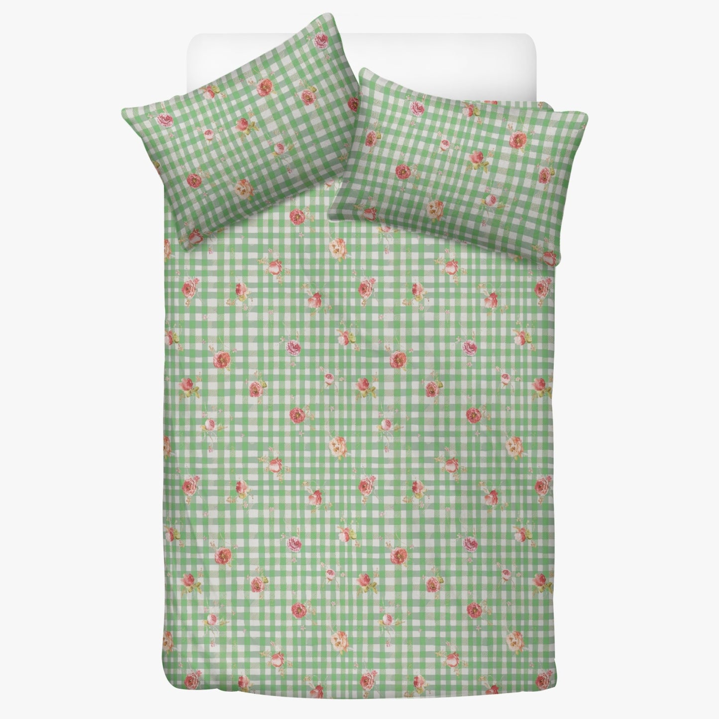 Vampire Art 3-Piece Retro Polyester Bedding Set - Green Floral Gingham