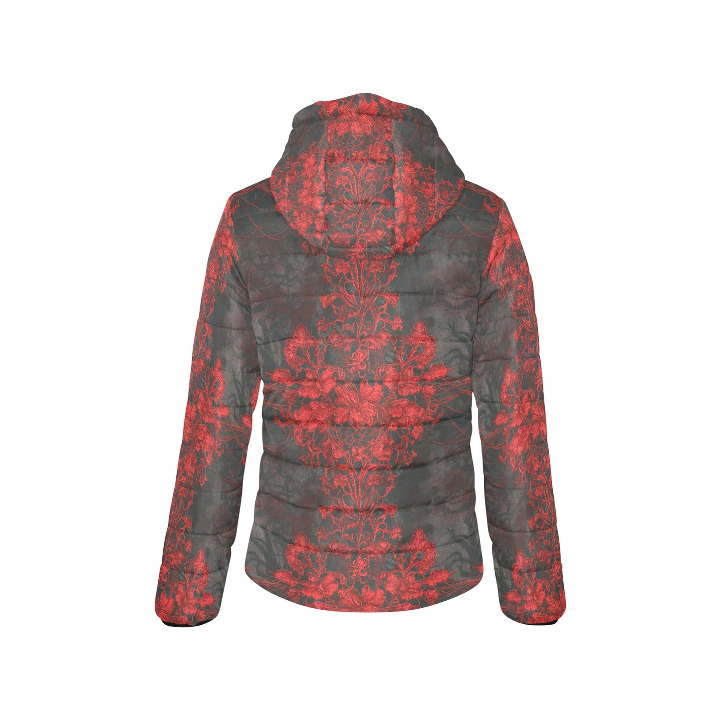 Vampire Art Urban Gothic Women's Padded Hooded Jacket - Grunge Charcoal and Red Lace