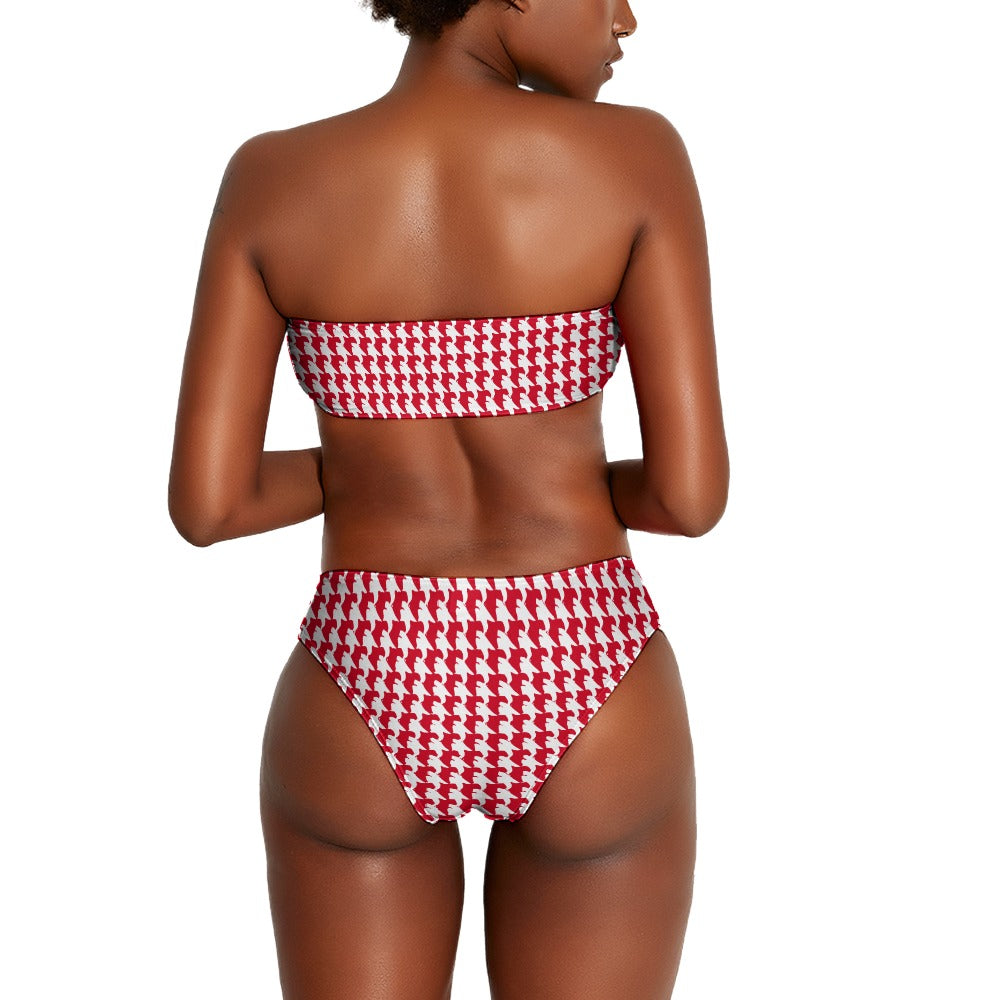 Vampire Art Two Piece Bandeau Strapless Retro Bikinis Swimsuit - Red Houndstooth