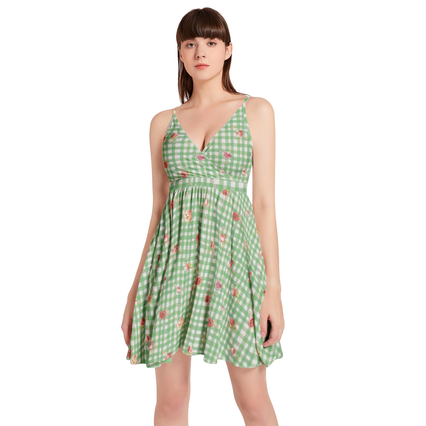 Vampire Art Vintage Bloom Gingham Flare Dress - Green Floral Gingham