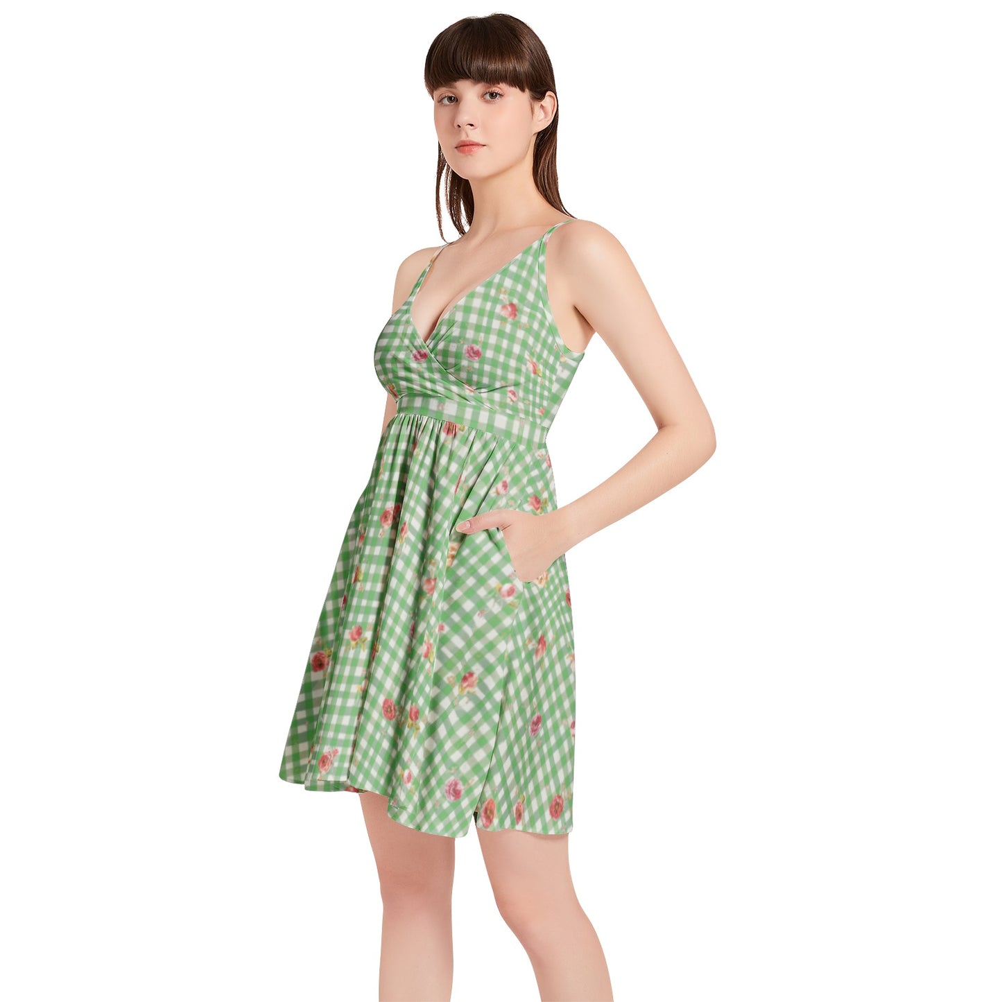 Vampire Art Vintage Bloom Gingham Flare Dress - Green Floral Gingham