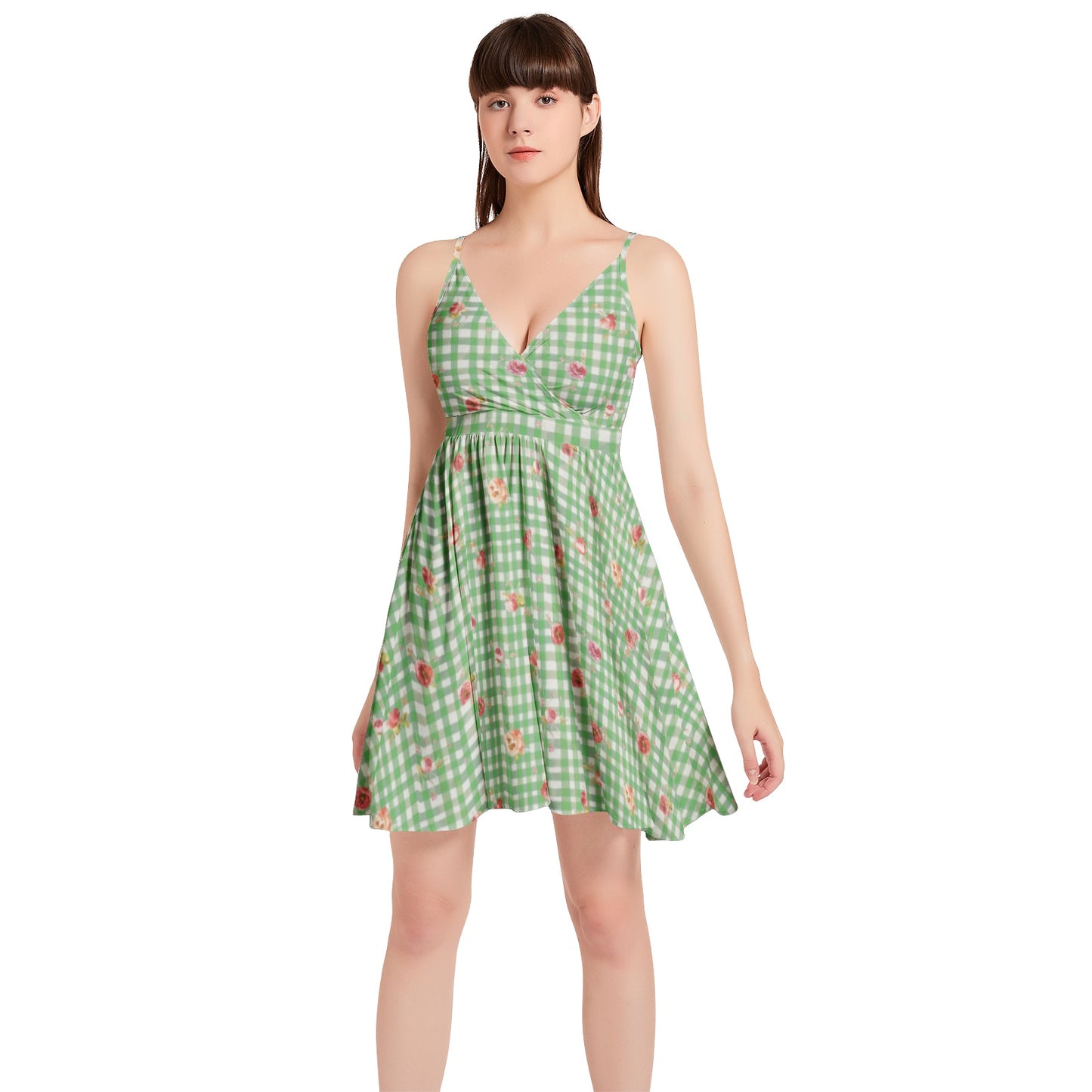 Vampire Art Vintage Bloom Gingham Flare Dress - Green Floral Gingham