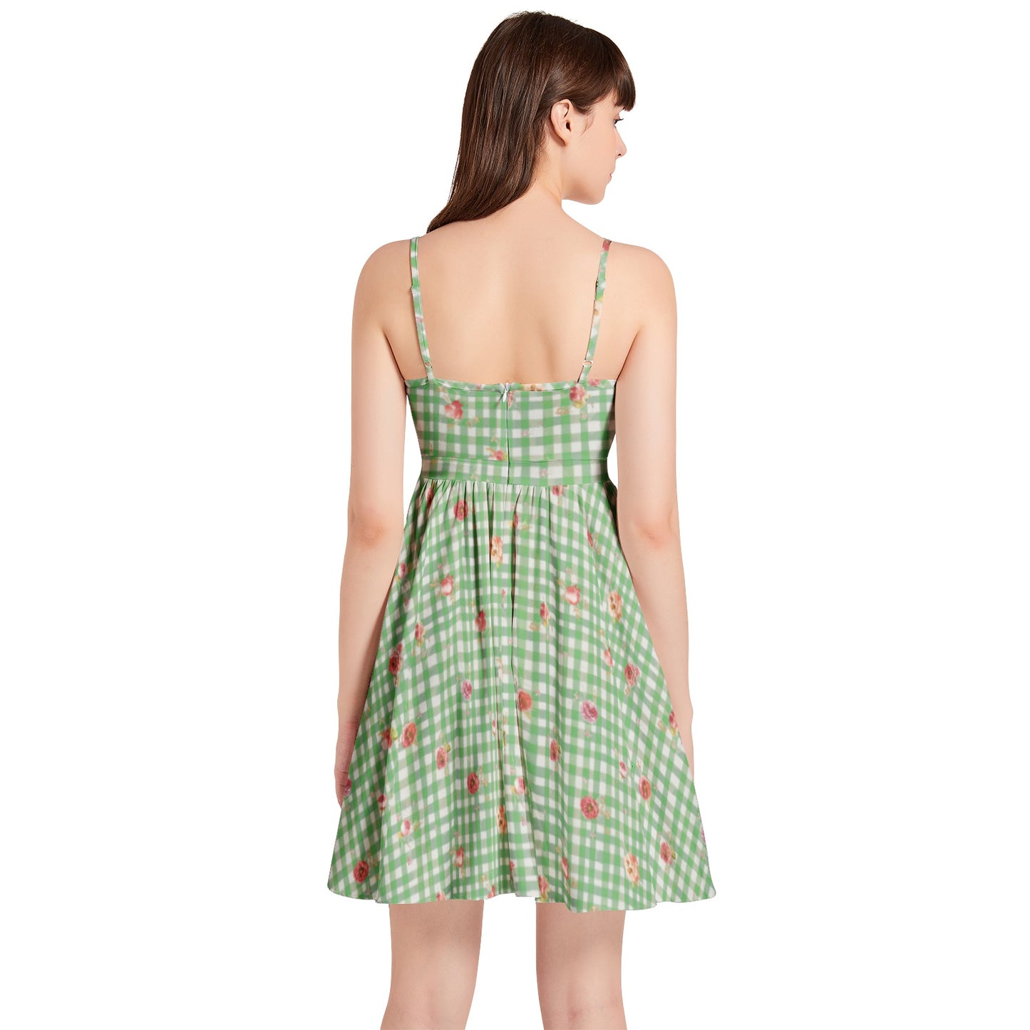 Vampire Art Vintage Bloom Gingham Flare Dress - Green Floral Gingham