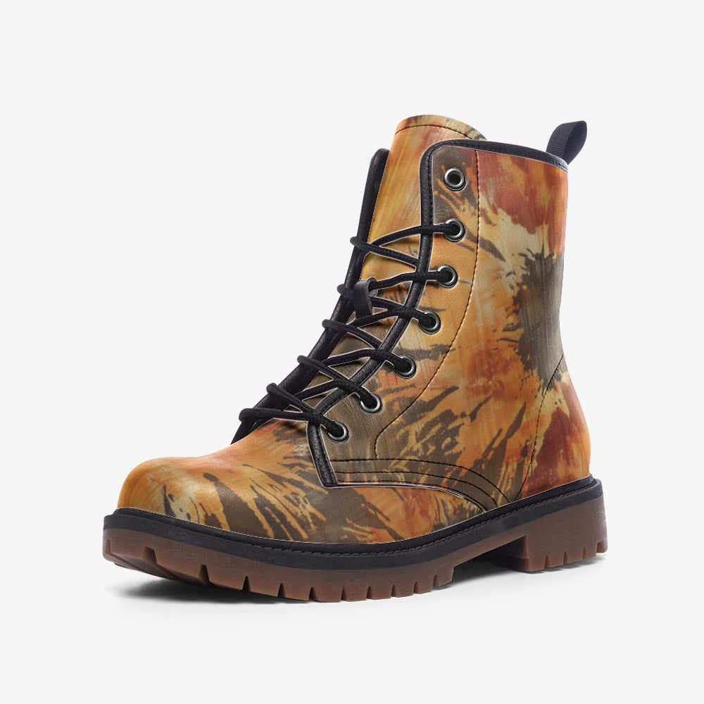 Vampire Art Tie-Dye Hippie Boho Festival Vegan Leather Unisex Combat Boots - Ochre - US sizes