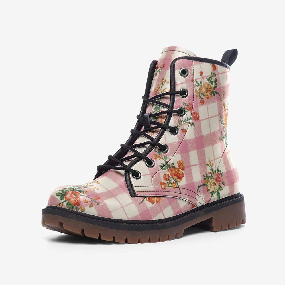 Vampire Art Cottagecore Floral Gingham Unisex Vegan Leather Combat Boots - Pink - US Sizes