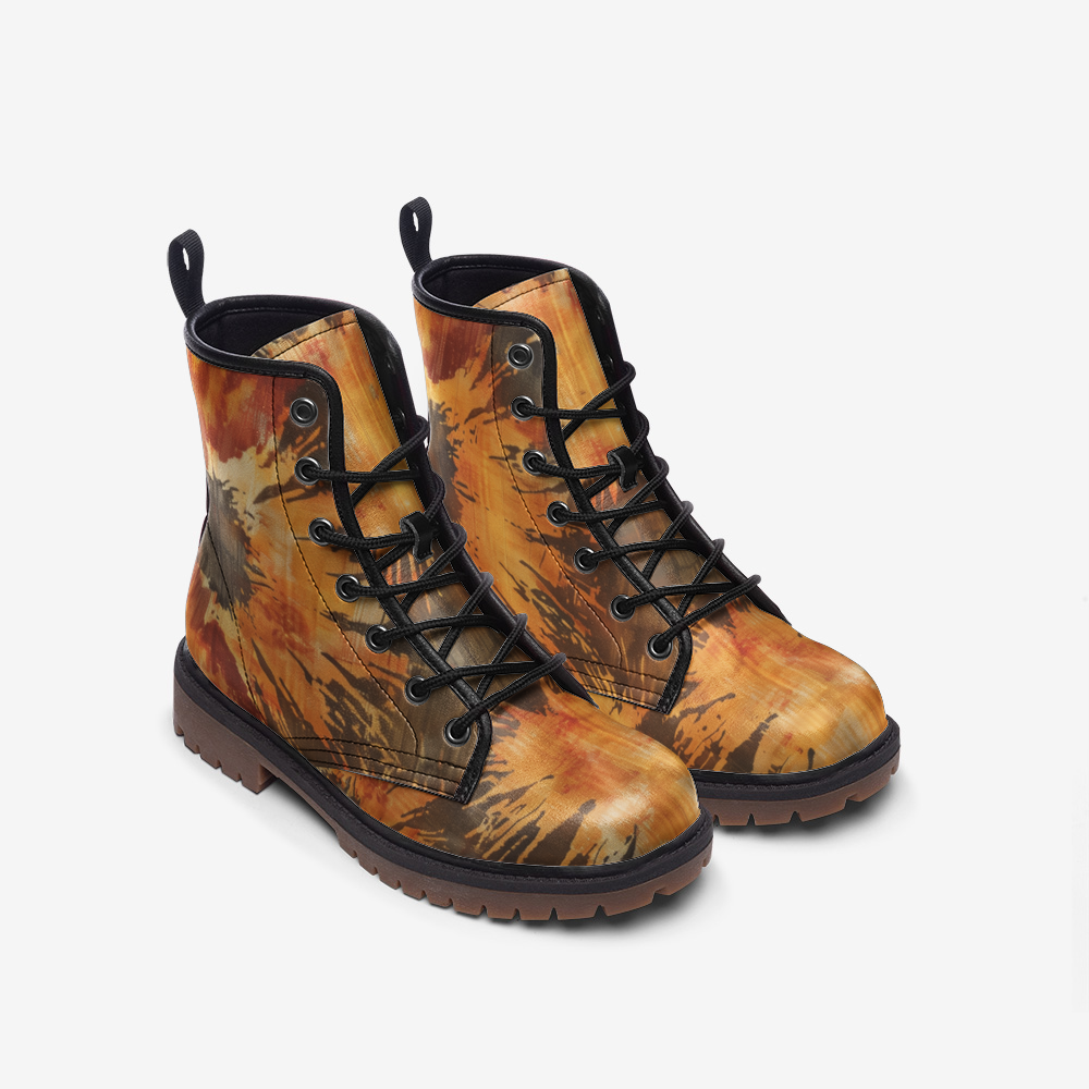 Vampire Art Tie-Dye Hippie Boho Festival Vegan Leather Unisex Combat Boots - Ochre - US sizes