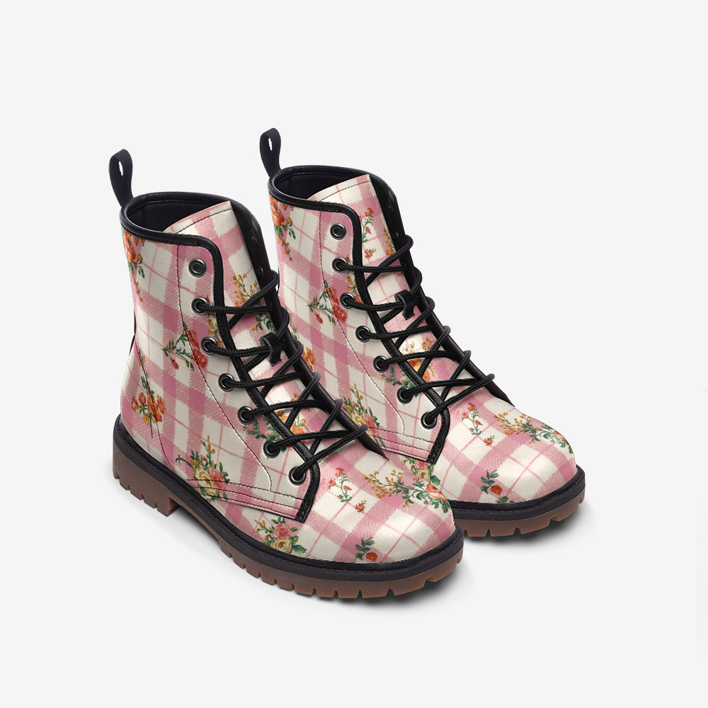 Vampire Art Cottagecore Floral Gingham Unisex Vegan Leather Combat Boots - Pink - US Sizes