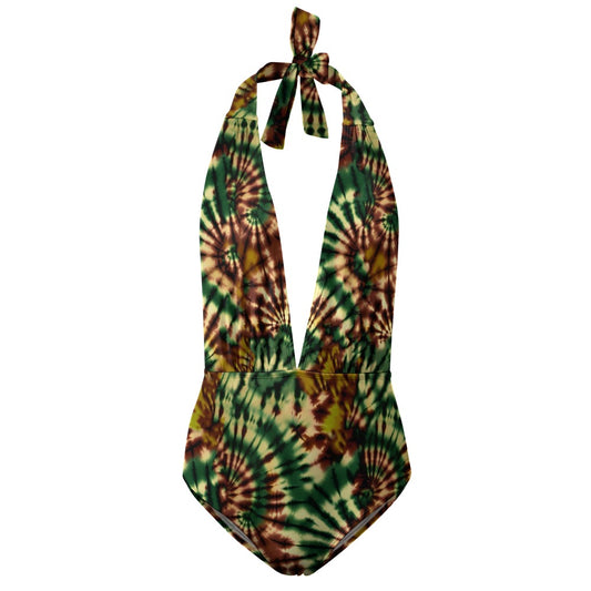 Vampire Art Hippie Tie-Dye Motif Festival Boho One Piece Halter Swimsuit - Green and Brown