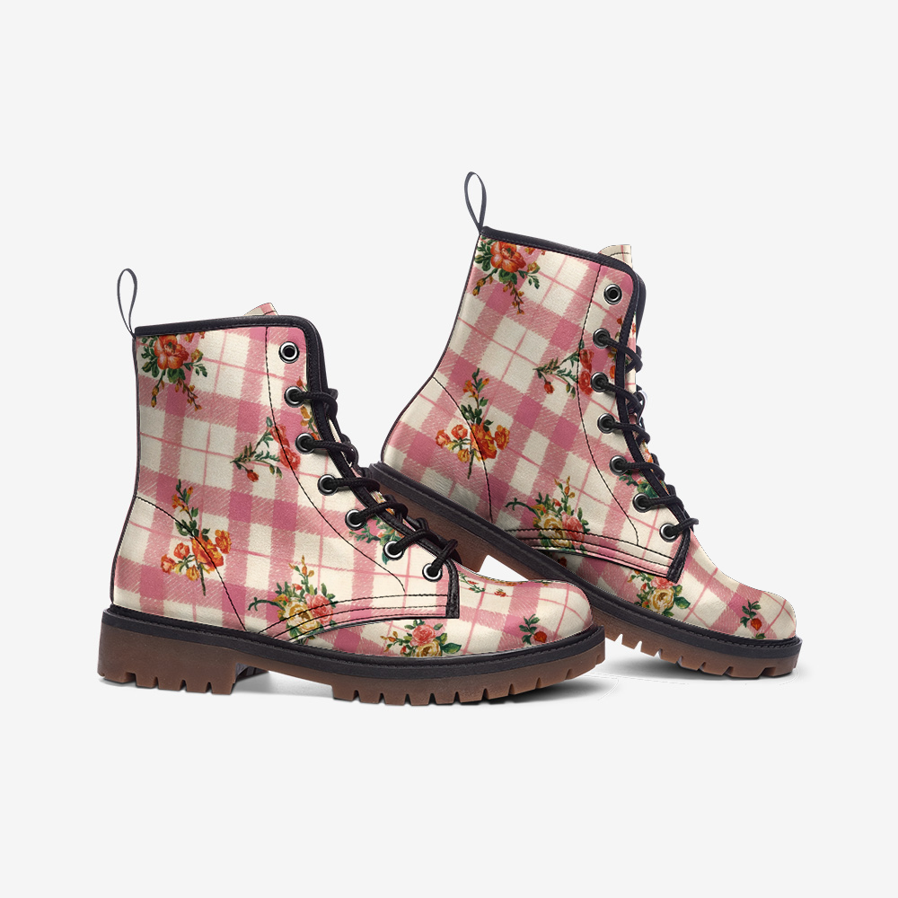 Vampire Art Cottagecore Floral Gingham Unisex Vegan Leather Combat Boots - Pink - US Sizes