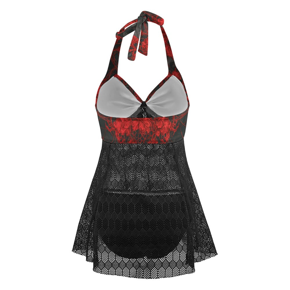 Vampire Art Goth Halter Two Piece Mesh Tankini Swimsuit - Fiery Red Lace Pattern