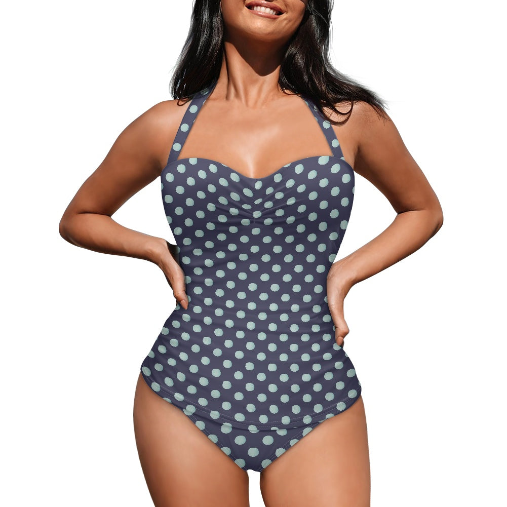 Vampire Art Vintage Chic Halter Neck One-Piece - Blue Polka Dot