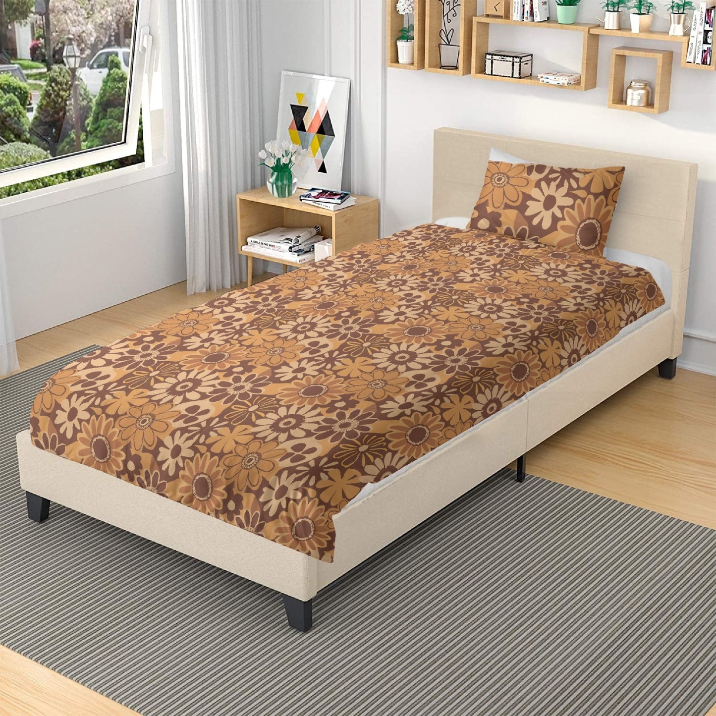 Vampire Art 3-Piece Retro Polyester Bedding Set - Brown 1970s Florals