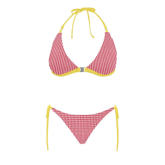 Vampire Art Retro Glam Two-Tone Buckle Halter Bikini Swim Set - Red Houndstooth