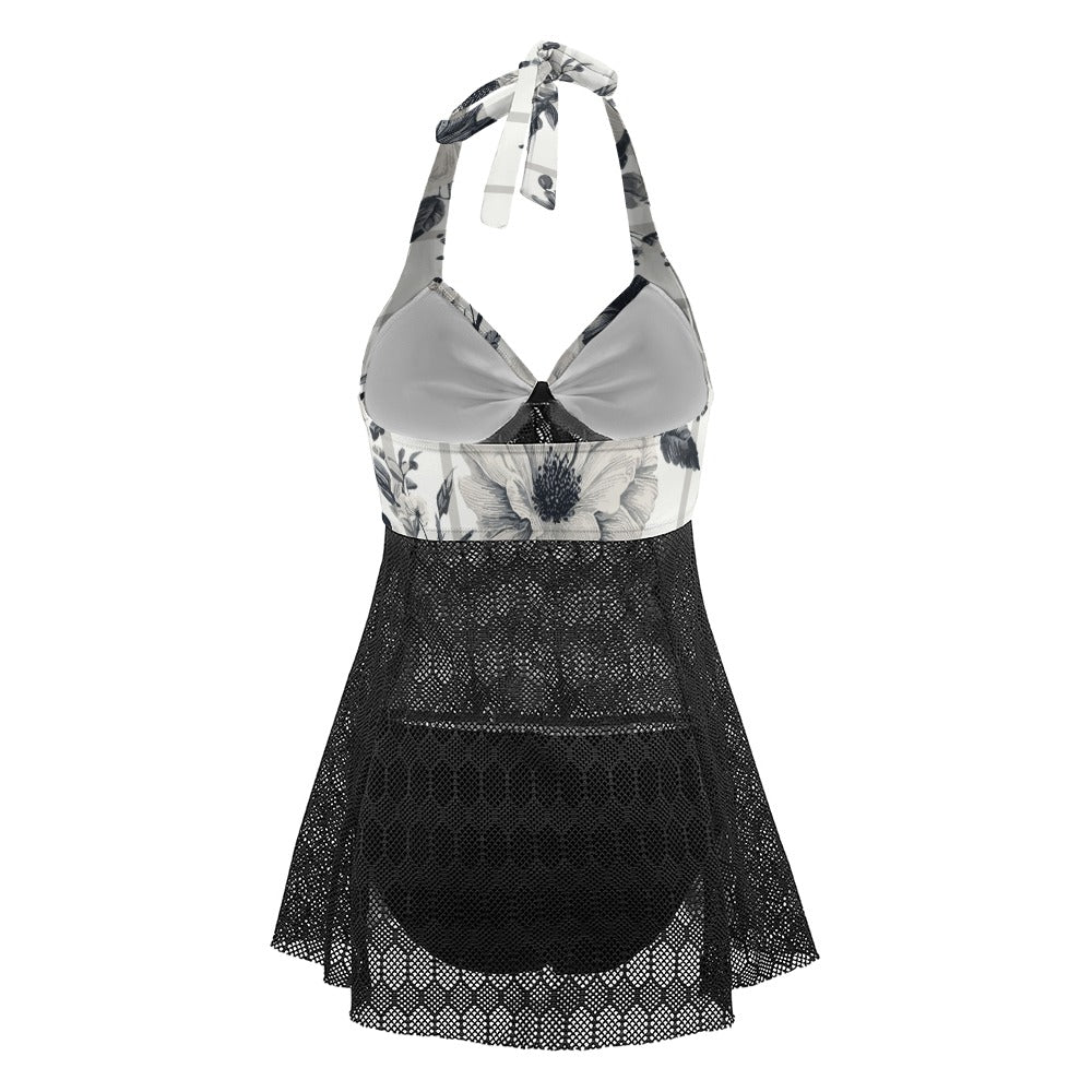 Vampire Art Goth Halter Two Piece Mesh Tankini Swimsuit - Vintage Black and White Stripy Florals