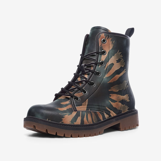 Vampire Art Tie-Dye Hippie Boho Festival Vegan Leather Unisex Combat Boots - Black with Stripes - US sizes