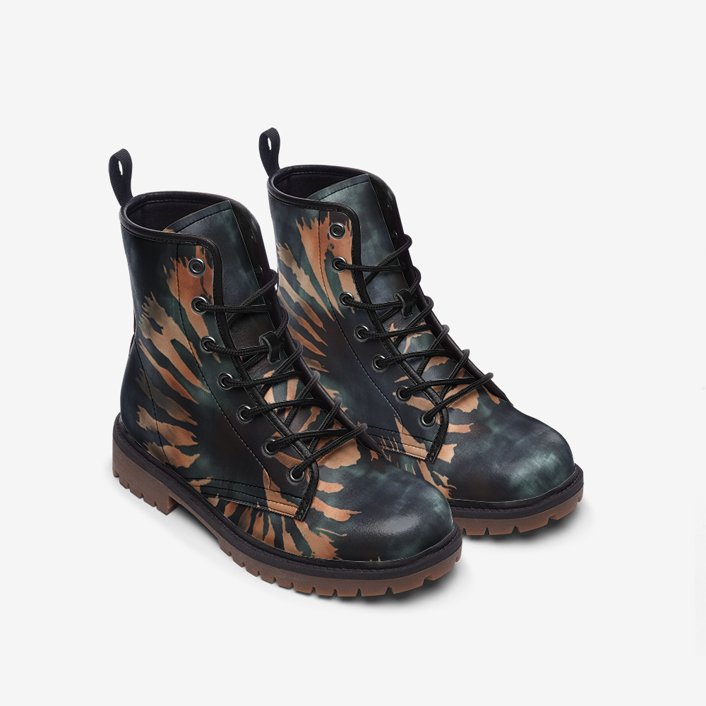 Vampire Art Tie-Dye Hippie Boho Festival Vegan Leather Unisex Combat Boots - Black with Stripes - US sizes