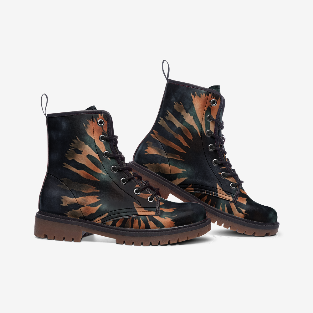 Vampire Art Tie-Dye Hippie Boho Festival Vegan Leather Unisex Combat Boots - Black with Stripes - US sizes