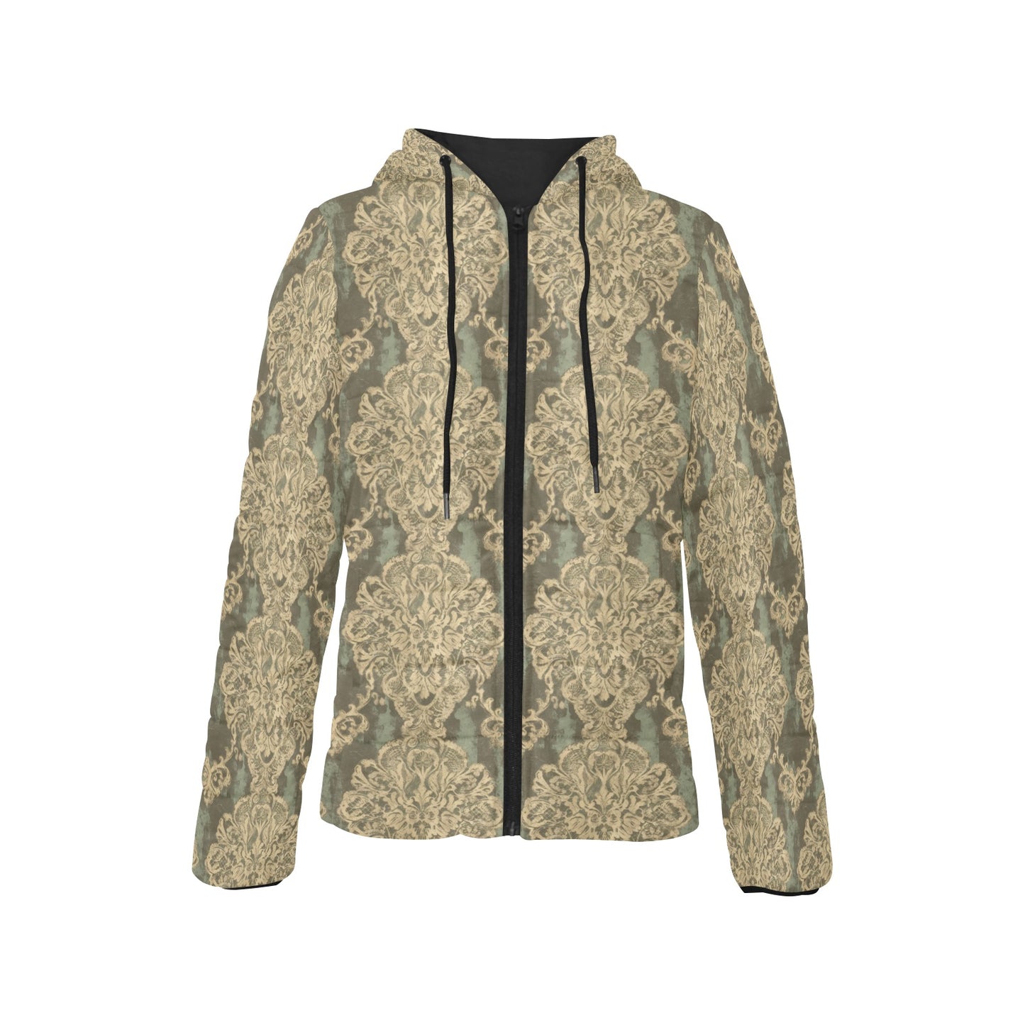 Vampire Art Urban Gothic Women's Padded Hooded Jacket - Grunge Lace in Green, Charcoal and Cream