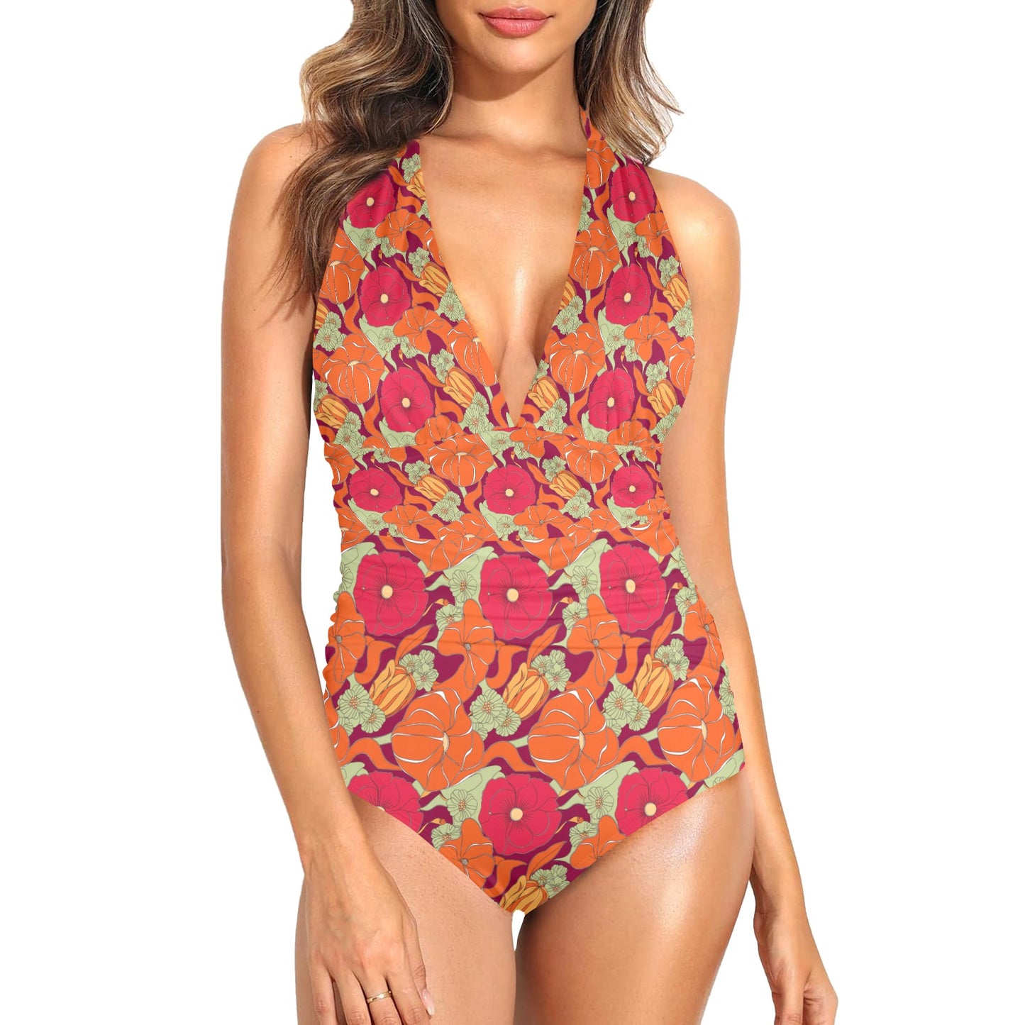 Vampire Art Glam Plunge Halter Backless Swimsuit - Retro Florals with Pink