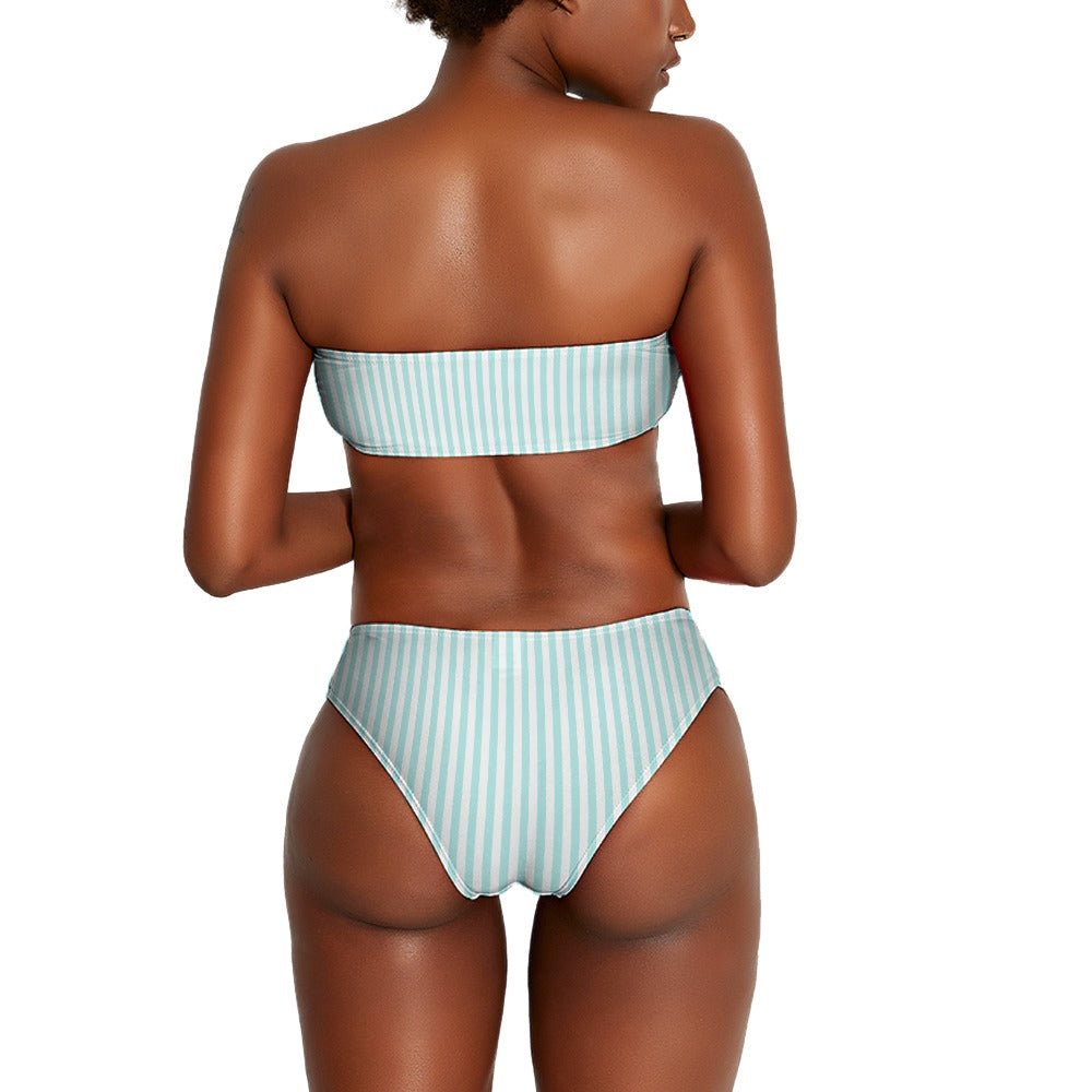 Vampire Art Two Piece Bandeau Strapless Retro Bikinis Swimsuit - Aqua Green Vertical Stripes