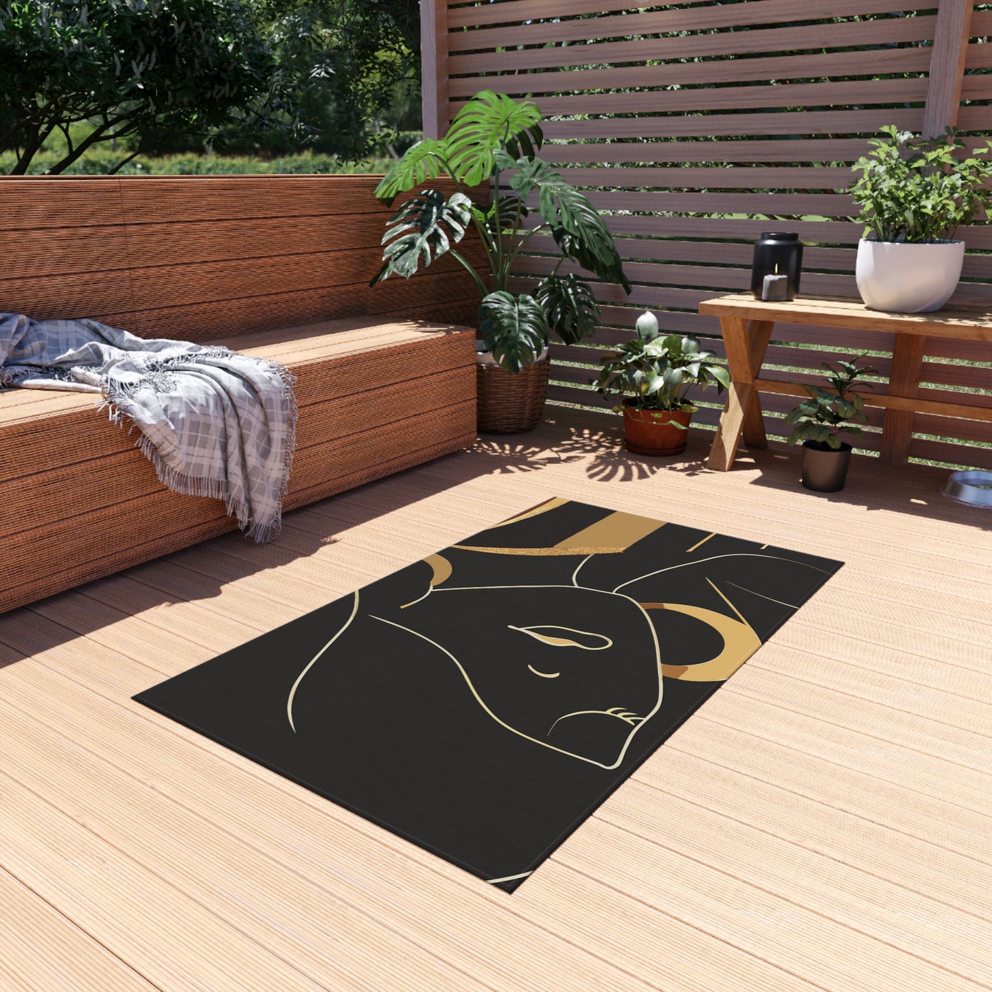 Vampire Art Sixties Lady with Earrings Black and Gold Outdoor Rug / up to 365 cm (144'')