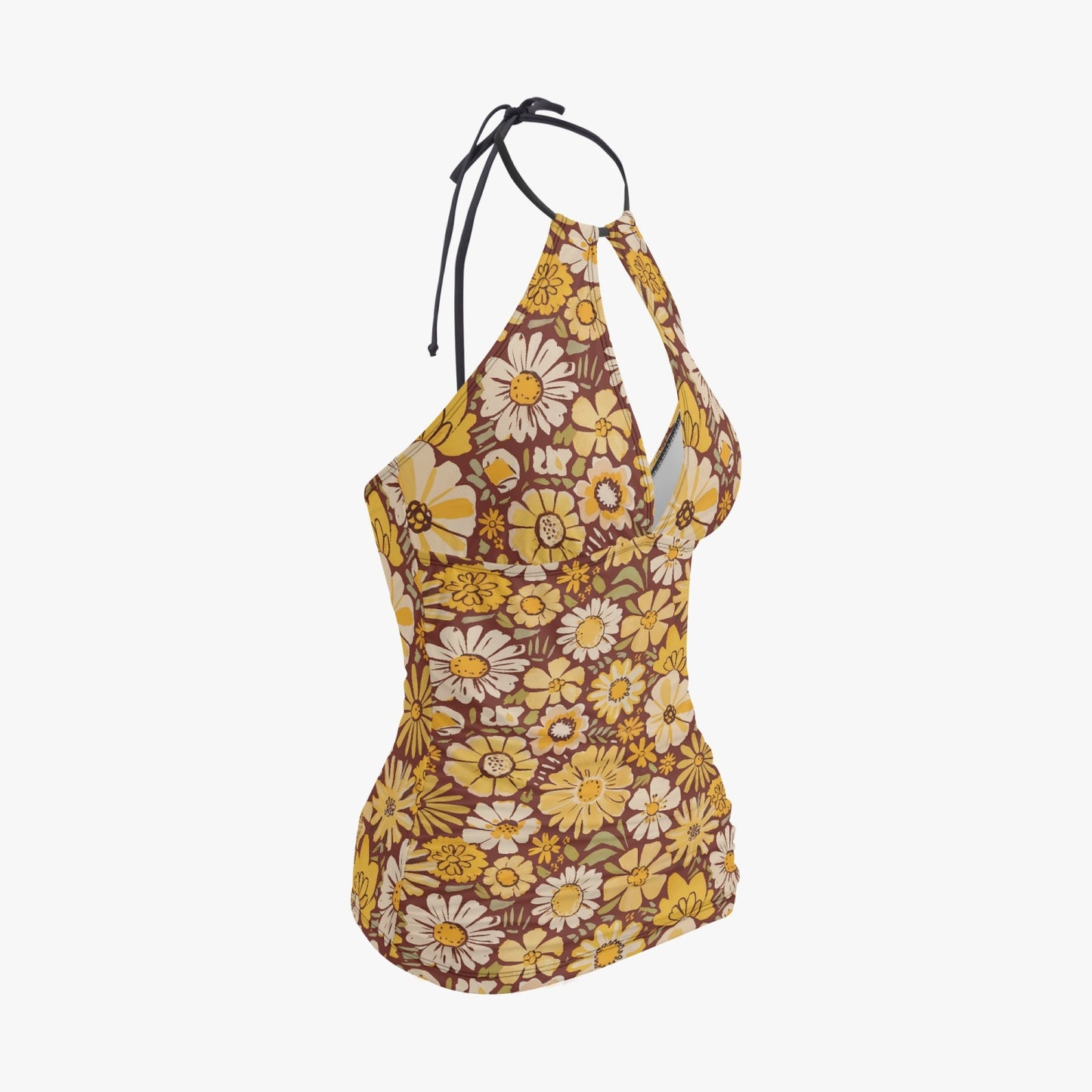 Vampire Art Retro Halter Two-Piece Tankini Swimsuit - Boho Florals in Brown and Yellow