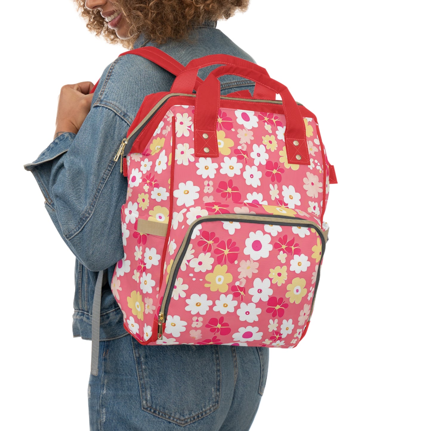 Vampire Art Multifunctional Baby Diaper Backpack Changing Bag - Seventies Flowers Red and Pink