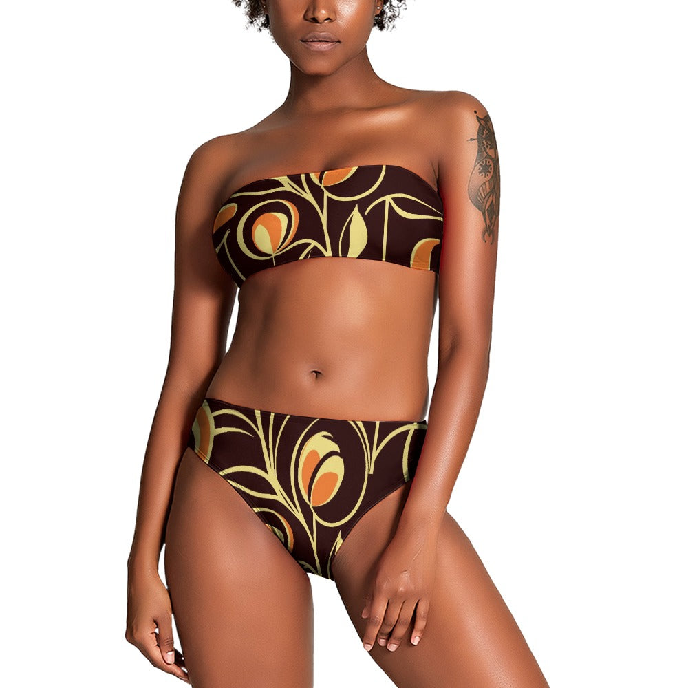 Vampire Art Two Piece Bandeau Strapless Retro Bikinis Swimsuit - Sixties Brown