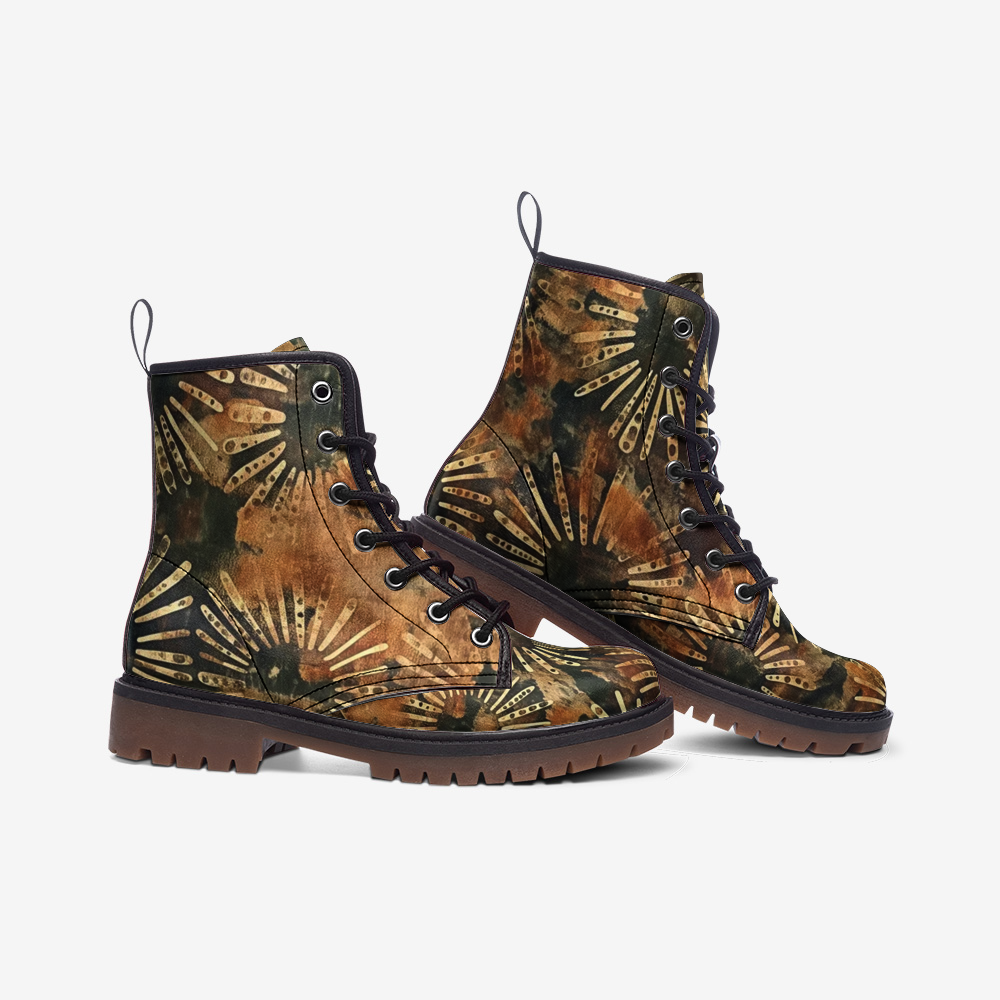 Vampire Art Tie-Dye Hippie Boho Festival Vegan Leather Unisex Combat Boots - Beige Florals - US sizes