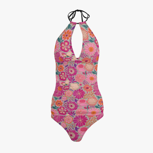 Vampire Art Retro Halter Two-Piece Tankini Swimsuit - Sixties Florals in Grey and Pink