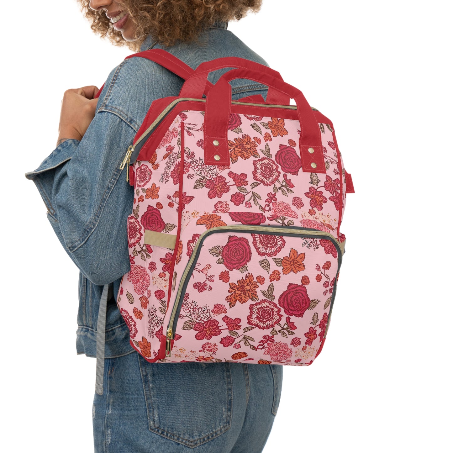 Vampire Art Multifunctional Baby Diaper Backpack Changing Bag - Vintage Cottagecore Floral Red