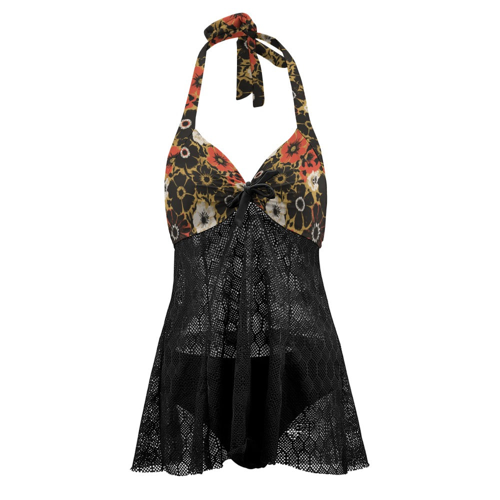 Vampire Art Goth Halter Two Piece Mesh Tankini Swimsuit - Grunge Flowers