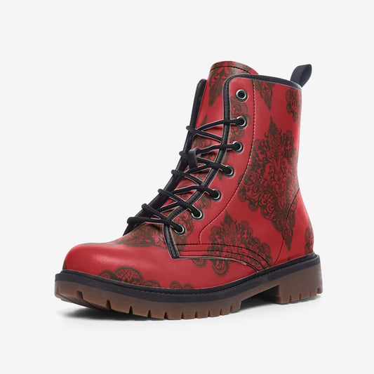 Vampire Art Dark Dream Unisex Vegan Leather Combat Boots - Red Goth Damask - US Sizes