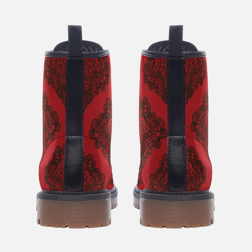 Vampire Art Dark Dream Unisex Vegan Leather Combat Boots - Red Goth Damask - US Sizes