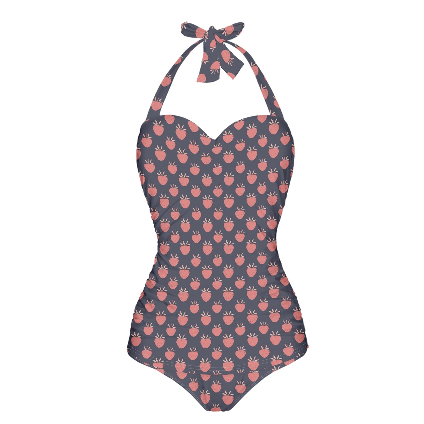 Vampire Art Vintage Chic Halter Neck One-Piece Swimsuit - Strawberries in Dark Navy