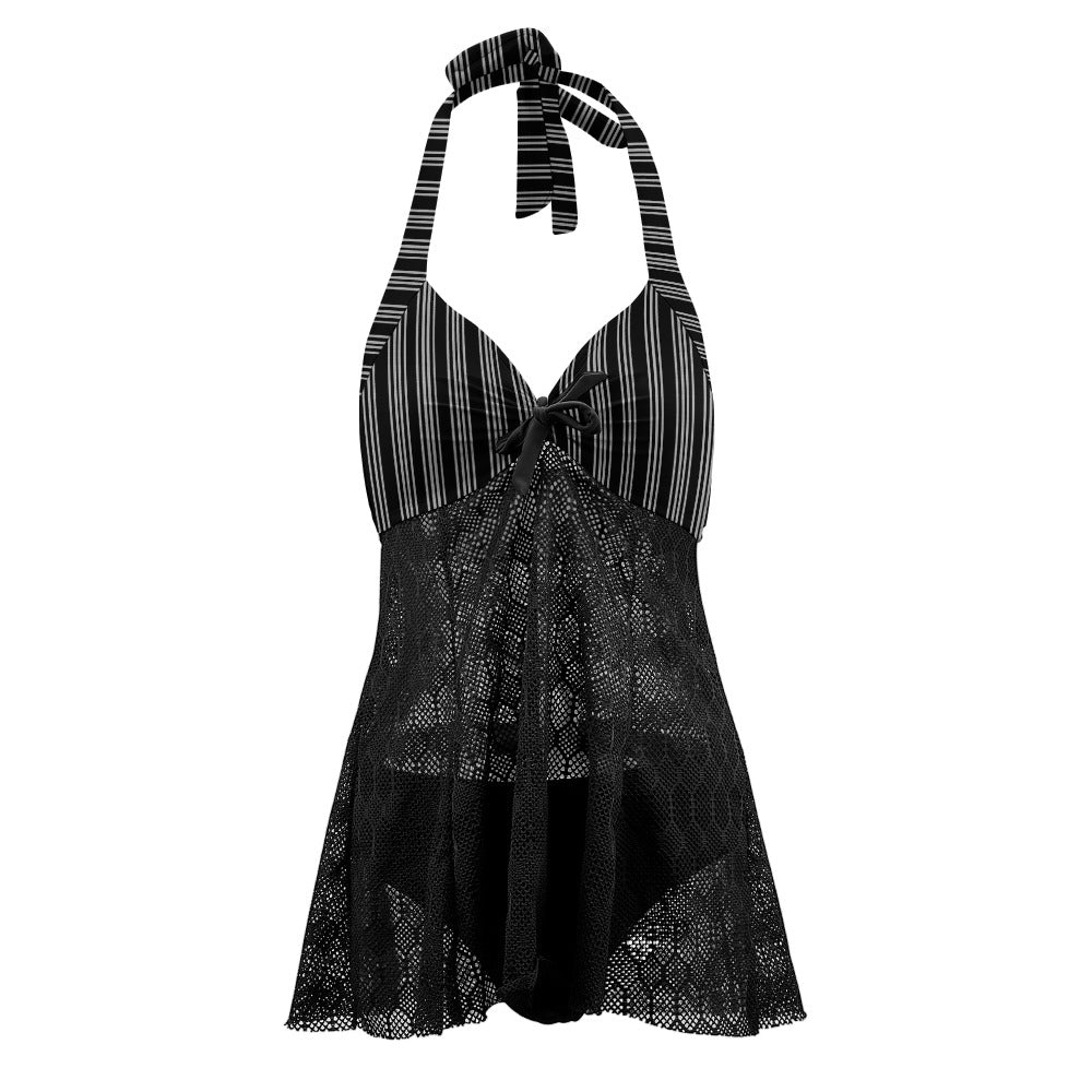 Vampire Art Goth Halter Two Piece Mesh Tankini Swimsuit - Victorian Black and White Stripes