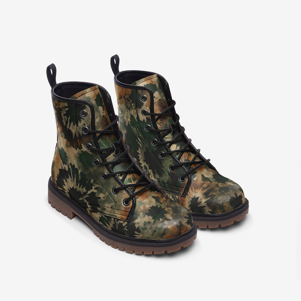 Vampire Art Tie-Dye Hippie Boho Festival Vegan Leather Unisex Combat Boots - Forest Green - US sizes