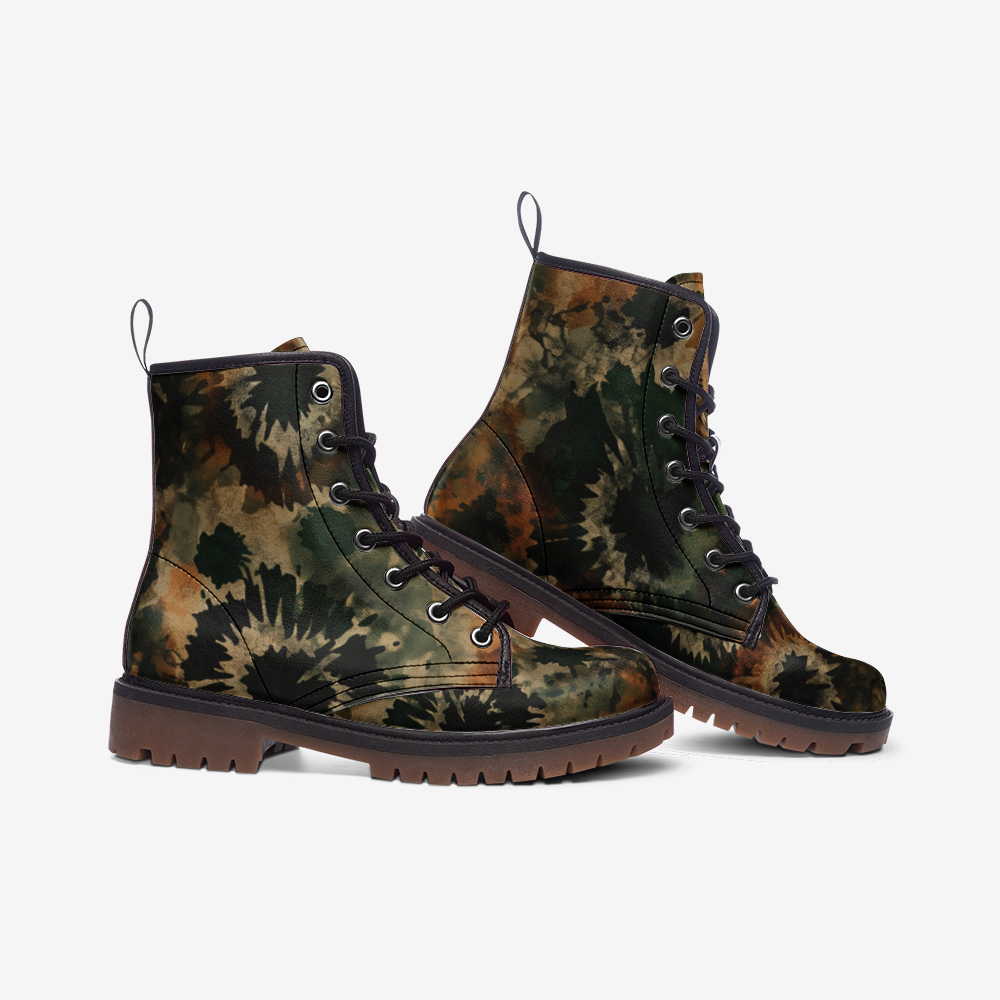 Vampire Art Tie-Dye Hippie Boho Festival Vegan Leather Unisex Combat Boots - Forest Green - US sizes