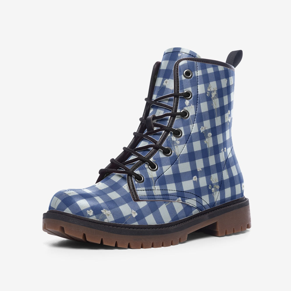 Vampire Art Cottagecore Floral Gingham Unisex Vegan Leather Combat Boots - Blue - US Sizes