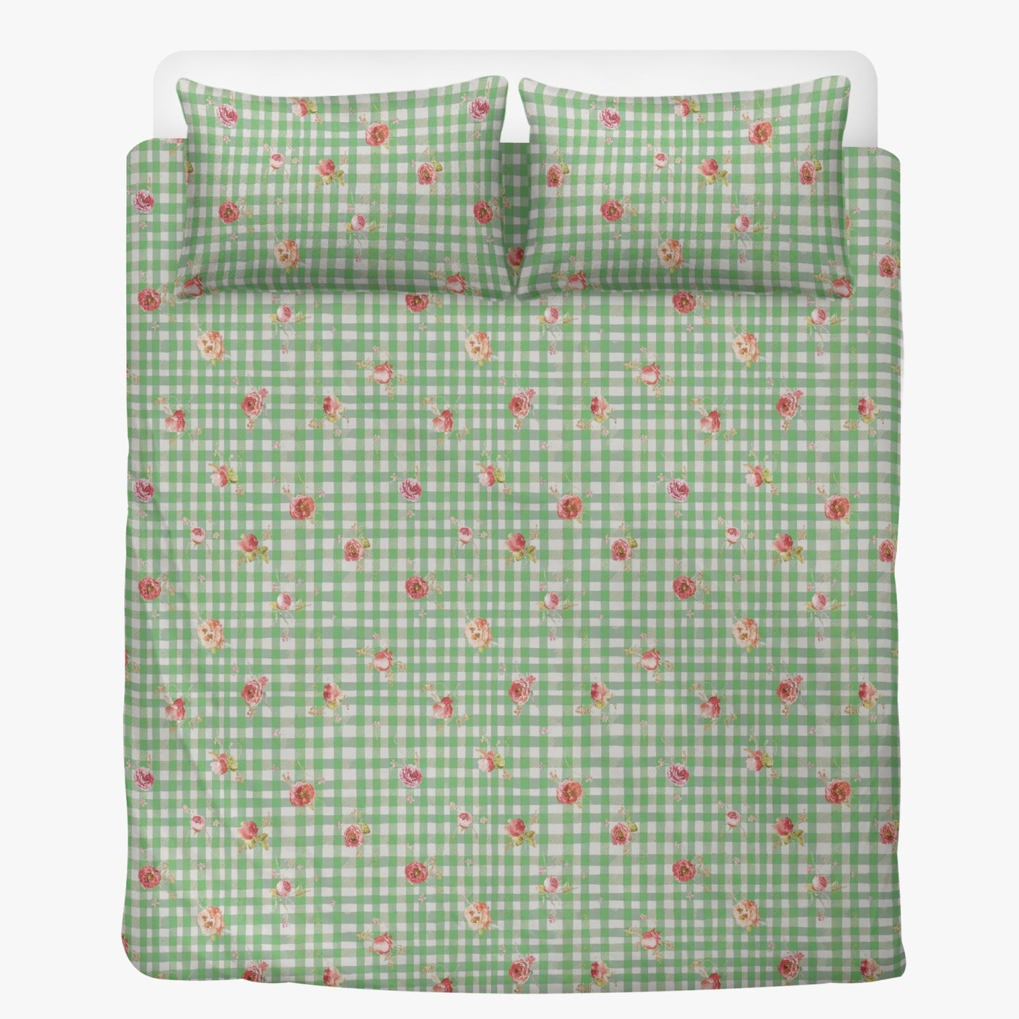 Vampire Art 3-Piece Retro Polyester Bedding Set - Green Floral Gingham