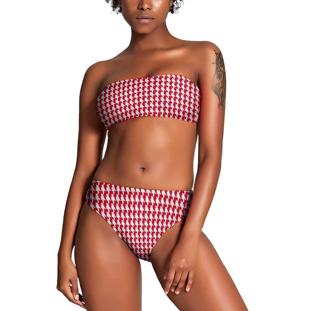 Vampire Art Two Piece Bandeau Strapless Retro Bikinis Swimsuit - Red Houndstooth