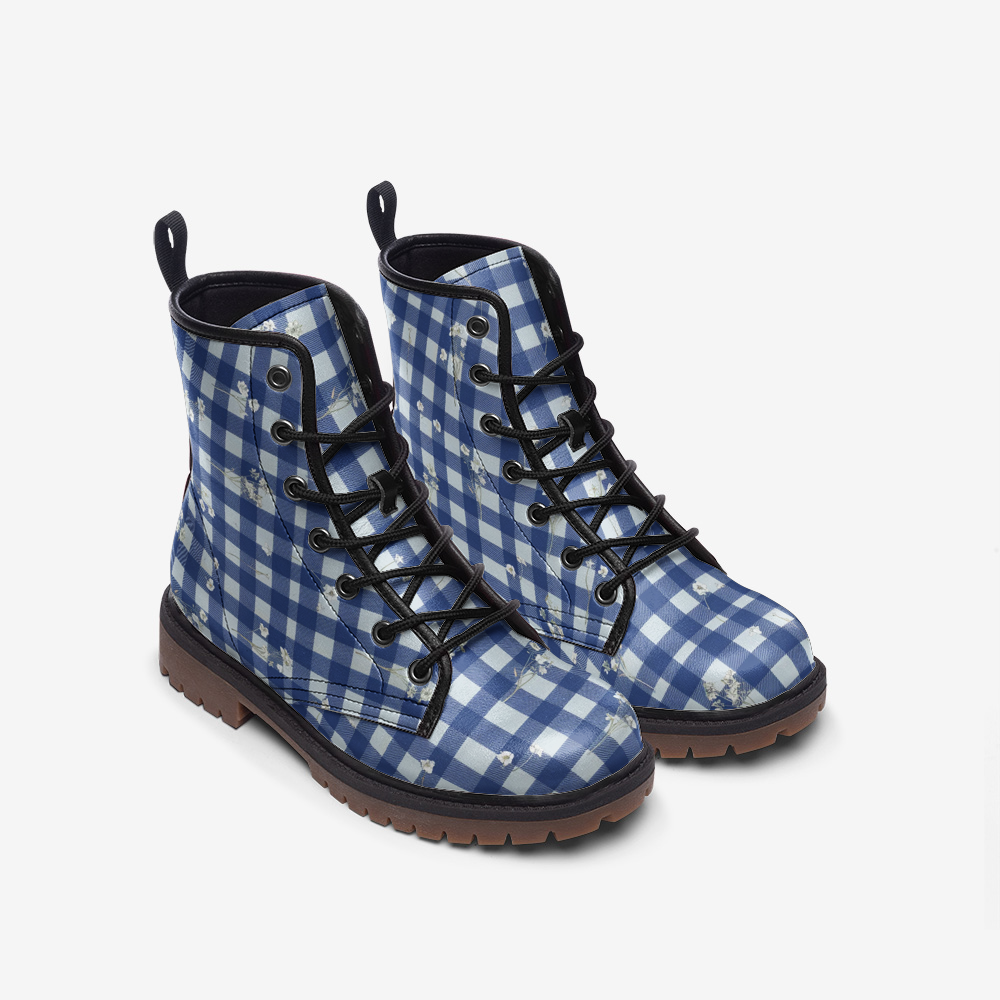 Vampire Art Cottagecore Floral Gingham Unisex Vegan Leather Combat Boots - Blue - US Sizes