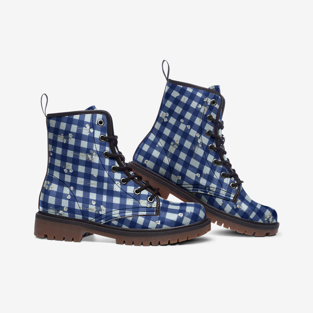 Vampire Art Cottagecore Floral Gingham Unisex Vegan Leather Combat Boots - Blue - US Sizes